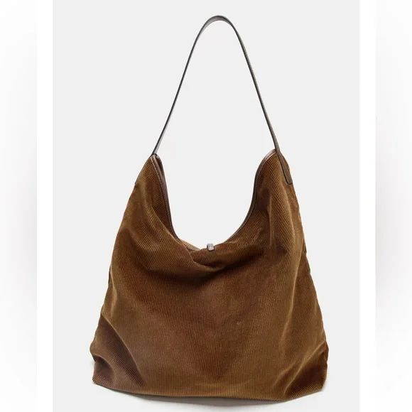 Zara Corduroy Effect Hobo Shoulder Tote Bag Brown NWT - Picture 2 of 7